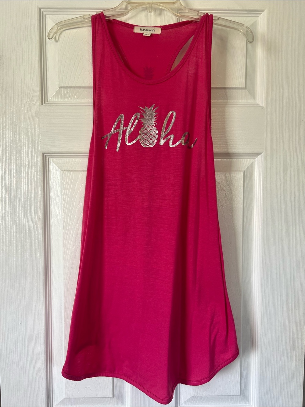 Francesca's Collections Hot Pink Tank with Silver Pineapple 'Aloha' Graphic